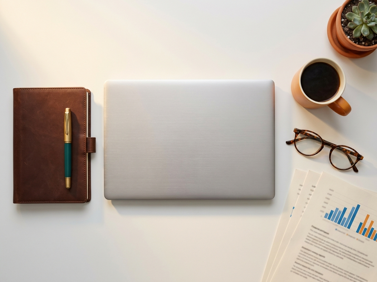 A tidy accountant's desk with a laptop, notebook, glasses and financial report pages, representing the Mansfield CPAs team in Gainesville, FL